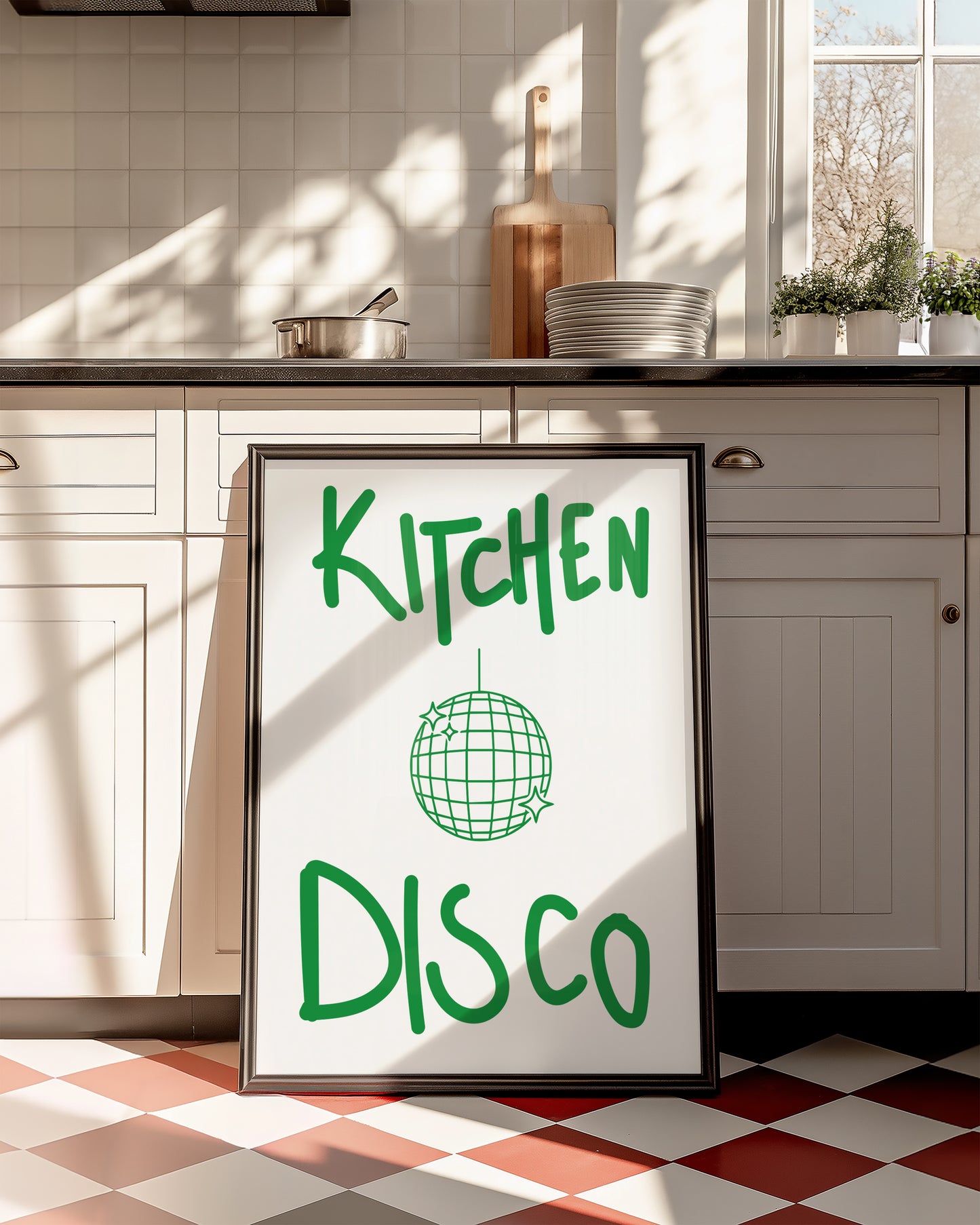 Colourful retro kitchen disco giclée art print styled in a maximalist vintage-inspired interior.