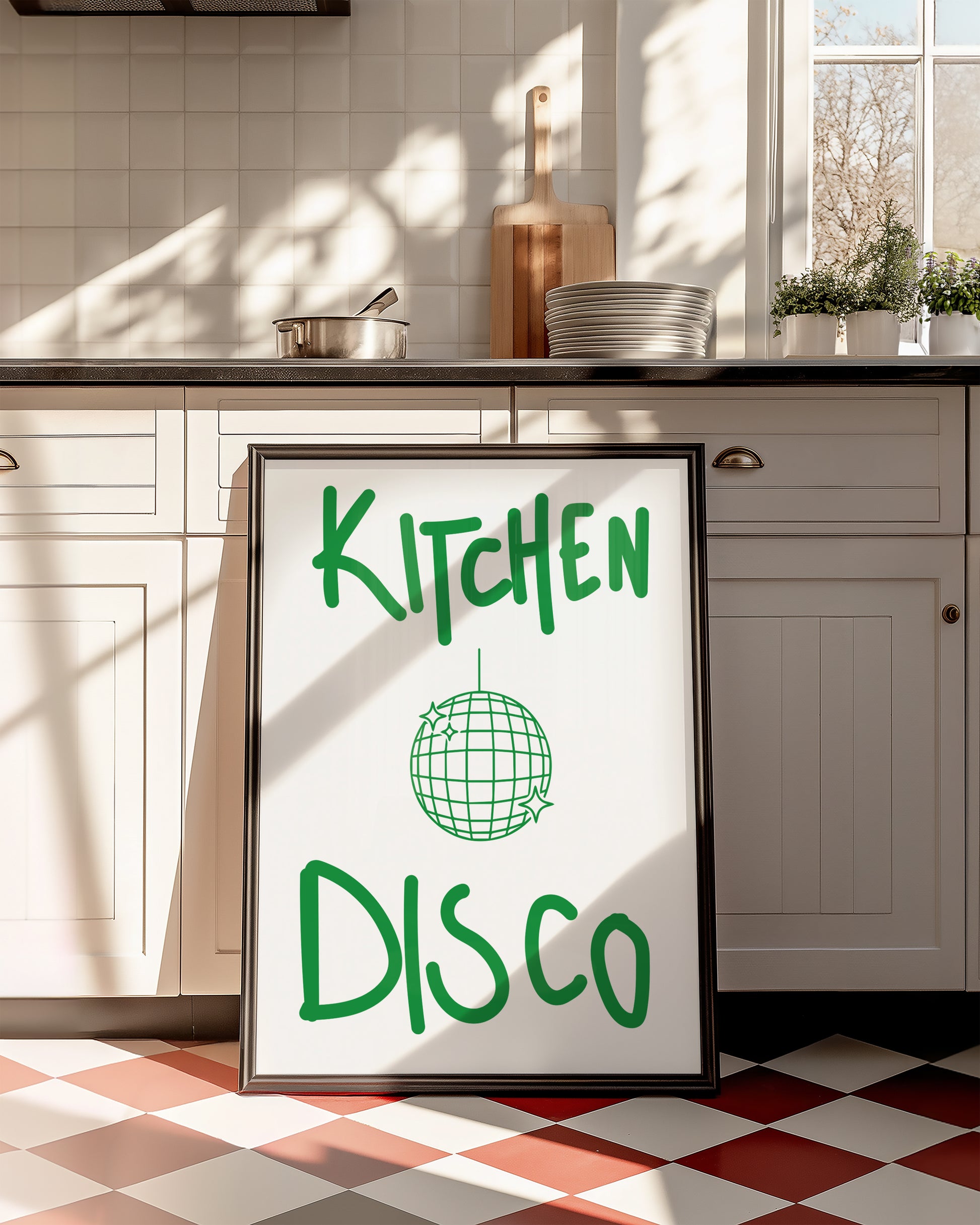 Colourful retro kitchen disco giclée art print styled in a maximalist vintage-inspired interior.