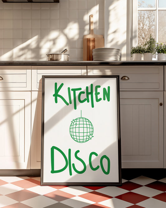 Colourful retro kitchen disco giclée art print styled in a maximalist vintage-inspired interior.