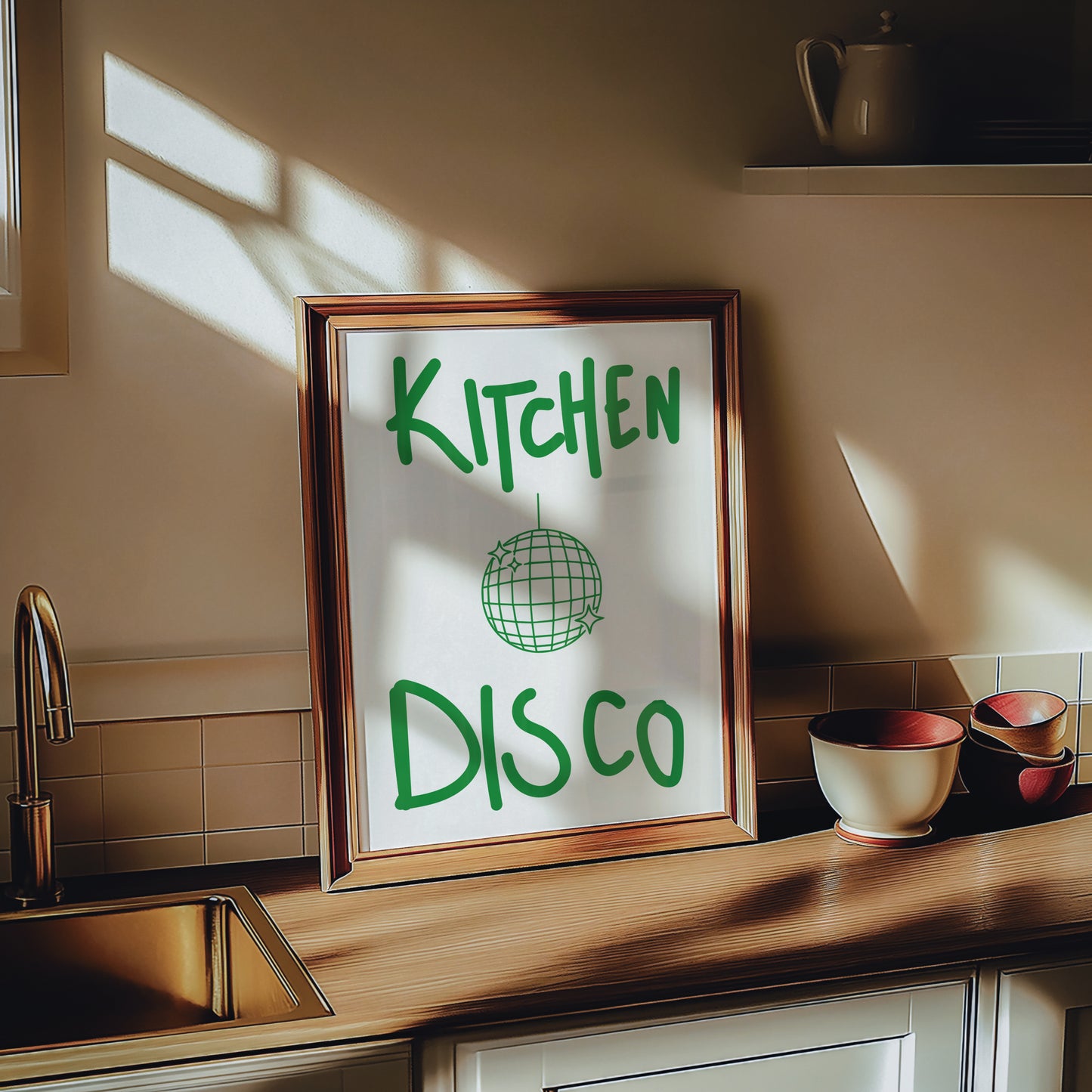 Colourful retro kitchen disco giclée art print styled in a maximalist vintage-inspired interior.