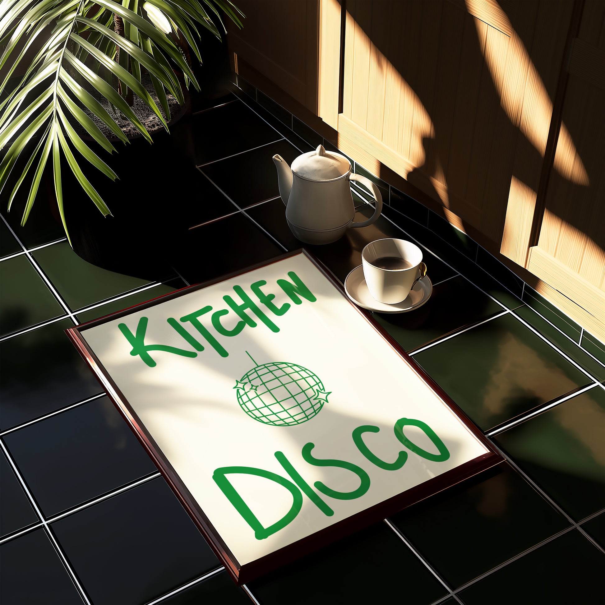 Colourful retro kitchen disco giclée art print styled in a maximalist vintage-inspired interior.