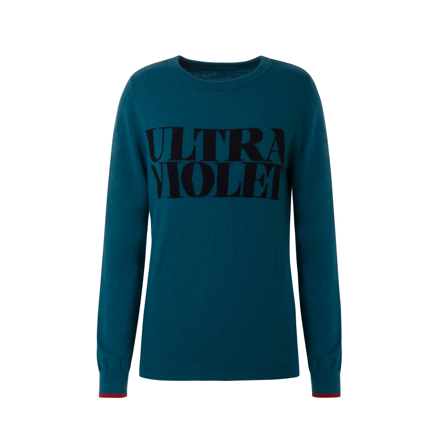 100% merino wool fine knit slogan jumper. Intarsia Ultra Violet slogan inspired by Andy Warhols superstars. Our retro colours pop and the super soft luxury knitwear supports slow sustainable fashion and independent brands.